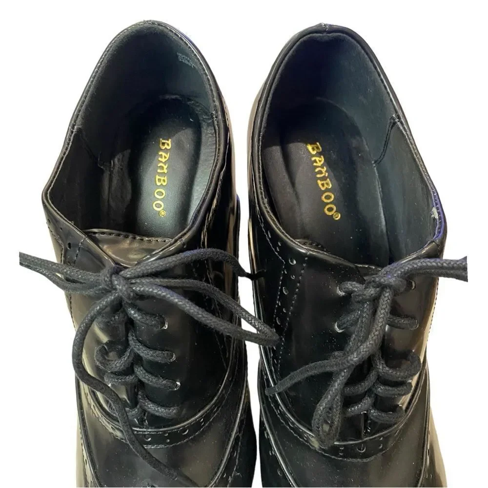 BAMBOO Booth Black Brogue Platform Wedge Oxfords 38.5  8.5